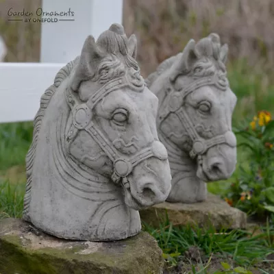 Horse Head Pair Detailed Hand Cast Stone Outdoor Garden Ornament Pillar Cap Gift • £99.90