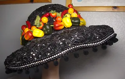 Vintage Fruit Black Sequins Dangling Pom-Poms Cocktail Hat - By Mr. Song • $337.50