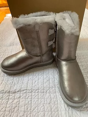 New With Box UGG Bailey Bow Glisten Suede Boots Women SIZE US 6 Metallic Grey • $99