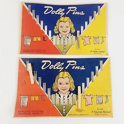 Vintage Dolly Pins 3 Wood Clothes Pins Clothespins 2 Original Cards No. 180 • $27.95