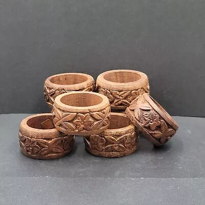 Vintage Wood Hand Carved Napkin Rings 8 Pc Set Tiki Boho • $14
