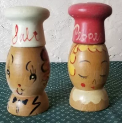 Vintage Wooden Man And Woman Chef Salt And Pepper Shakers • $15.57