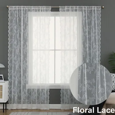 Floral Lace Sheer Curtains Panel Embroidered Voile Curtains Drapes Net Slot Top • £11.15