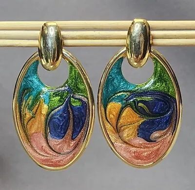 Vintage Gold-tone Multicolor Enamel Swirl Dangle Earrings Pierced 80s Fashion • $16.50