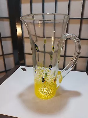 VINTAGE ITALIAN Glass MILLEFIORI Clear & Yellow PITCHER 10  Tall • $49.95