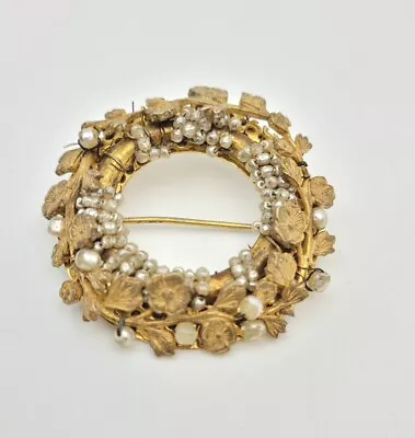 Vintage Signed Miriam Haskell Floral Seed Pearl Wreath Brooch Pin Repair • $31.50