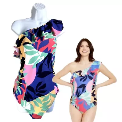 NWT Motherhood Maternity Beach Bump L Ruffle Front One Shoulder Swimsuit 93333 • $26.82