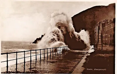 Aberystwyth Ceredigion Wales Real Photograph Postcard C1920 Storm Huge Waves • £5.95