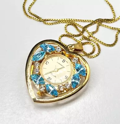 Stunning Vtg NOVELLA Blue & Clear Stone Heart Wind Up Watch Necklace 28  H01 • $2.25