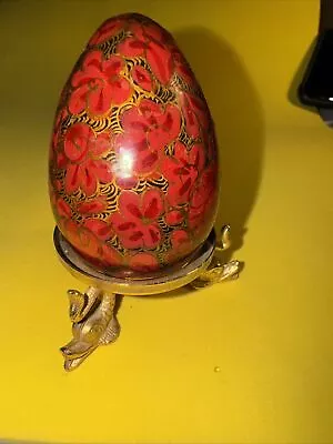 Vintage Hand Painted Decorative Wooden Egg Floral 3  Brass Footed Dragons • $5