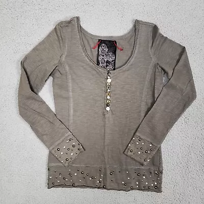 Y2K Miss Me Henley Top Womens Small Gray Stud Rhinestone Mixed Buttons Pullover • $24.95