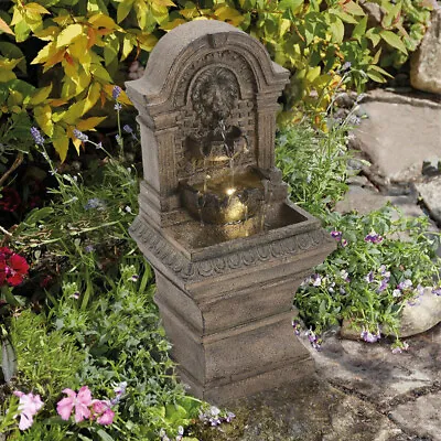 Rustic Lion Head Wall Fountain Water Feature W/ LED Lights For Garden Patio Deco • £109.95