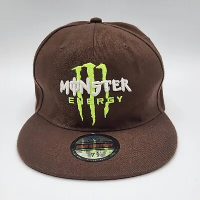 Monster Energy Fitted Cap Hat Adult Size 7 1/4 Flat Bill Baseball Cap Brown Mens • $19