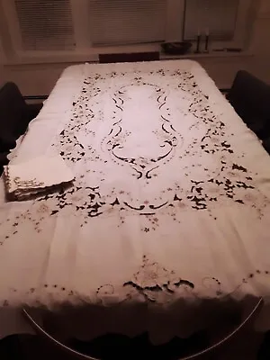 Vtg Imported Madeira Hand Embroidered Richelieu Cutwork Tablecloth & Napkins • $125