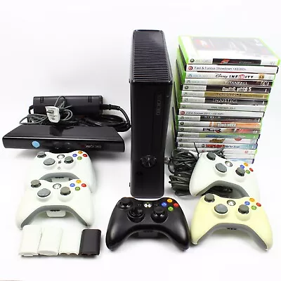 Microsoft XBOX 360 S 250GB With Kinect Games Controllers Black Console NTSC 1439 • $139.95