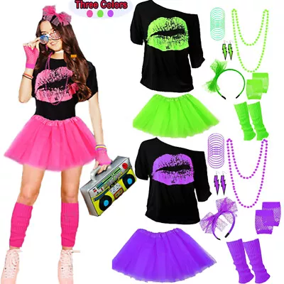 Women Ladies 1980s Costume 80s Party Dress 80's T-shirt Tutu Skirt Accessories • $35.59