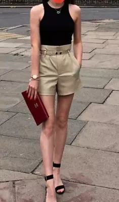 $10.92 • Buy Zara Faux Leather Shorts - Beige High Waisted & Belt Size XS (UK6) - Worn Once