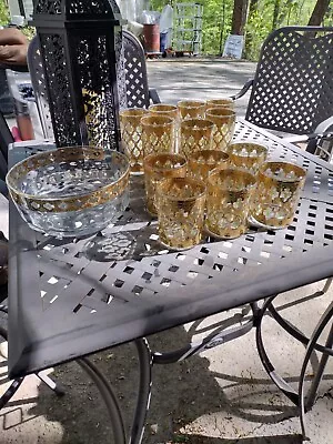 🔥Huge Lot: VTG MCM Culver Valencia Bar Glasses/Bowl 22K Gold/Green • $149