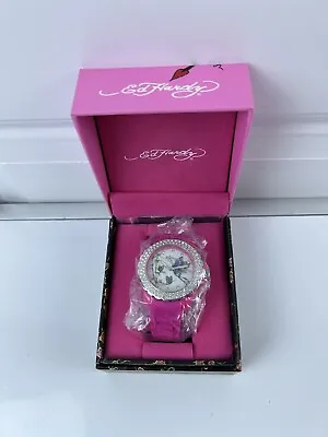 Ed Hardy Watch Women Silver Tone Butterfly  Dial Pave Bling Pink Band • $24.75