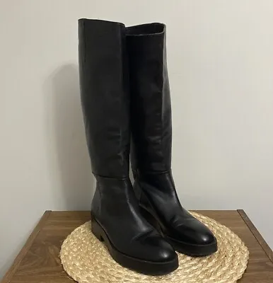 $65 • Buy ZARA Black. Leather Lug Sole Knee Boots Size 7.5 EU 38