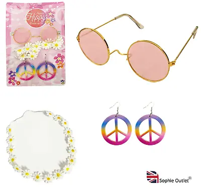 Hippie Dress Up Set 60-70s Fancy Costume Accessory Headband Earrings GlassesH146 • £5.53