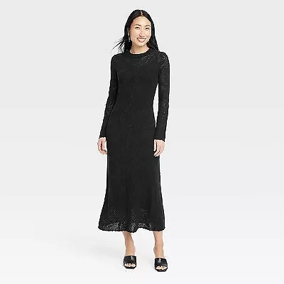 Women's Long Sleeve Maxi Pointelle Dress - A New Day Black L • $17.99