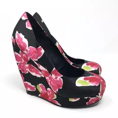 NEW ELLE Black Floral Platform Wedge Synthetic Black Pink Satin High Heels 8.5 • $30