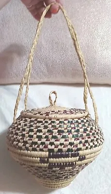 Vintage Hand Woven Coiled Hanging Basket & Lid Boho Natural Fiber Aztec African • $19.95
