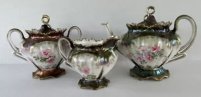 Antique Prussian Teapot Tea Set Sugar Creamer Metallic Luster Gold Hand Painted • $200