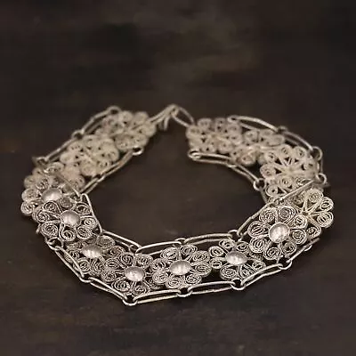 VTG Sterling Silver - TURKISH Filigree Flower Link 7  Chain Bracelet - 10.5g • $5