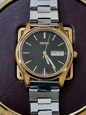 Seiko Quartz Mens Gold With Black Face. Day/ Date. New Battery.  Running • $35