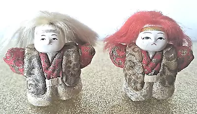 2 Vtg Handmade Japan Miniature Doll 1.75  Kimekomi Kabuki Lion Handpaint '50s • $24.30