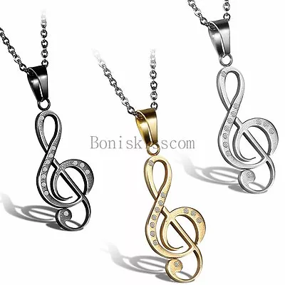 Lady Women Girls Stainless Steel Treble G Clef Music Note Charm Pendant Necklace • $8.99