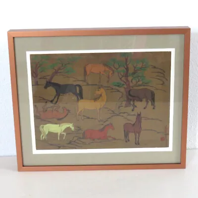 Vtg Asian Mongolian Woodblock Print HORSES Signed Framed 14x11.75 • $40