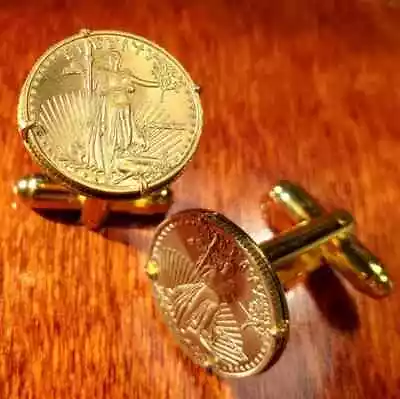 Striding Liberty Coin Cufflinks 14K Yellow Gold Plated Sterling Silver 925 • $98.14