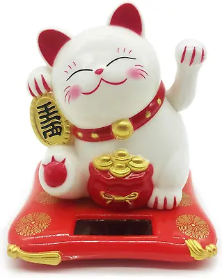 Mose Cafolo Solar Energy Powered White Maneki Neko Beckoning Lucky Money Cat Fo • $13.20