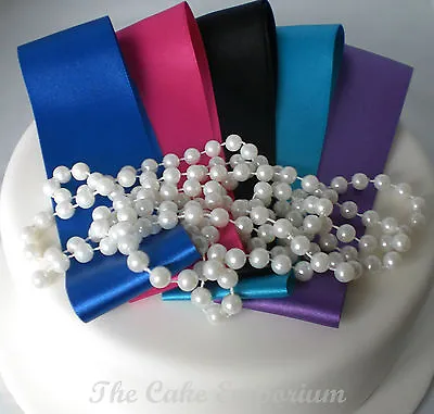 50mm SATIN RIBBON & 8mm PEARL BEADS  WEDDING CAKE TOPPER -  CAKE DECORATIONS • £4.49