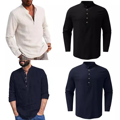 Men's Mandarin Collar Shirts Solid Color Cotton Linen Long Sleeve Shirts Blouse • $14.06