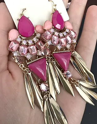3.75  Big Pink Gold Tone Long Chandelier Earrings Rhinestone Glam Coquette NEW • $11.99