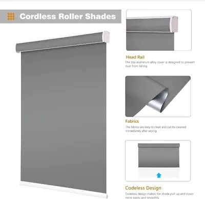 Blackout Cordless Solar Roller Shades Blinds Gray • $63.50