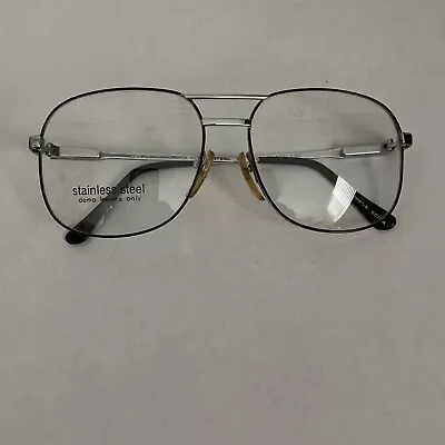 VTG 80’s Aviator Black & Silver Stainless Steel SST Glasses Frames 56-18-145 • $35