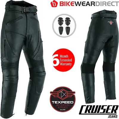 Leather Motorcycle Motorbike Biker Trousers Touring Cruiser Jeans With CE Armour • £79.99