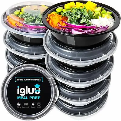 Igluu Round Meal Prep Food Containers [10 Pc] BPA Free Reusable Salad Bowl Set • £14.95