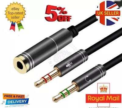 3.5mm Male Headset Adapter Y-Splitter Cable Separate Audio & Mic Headphone Jack • £3.99