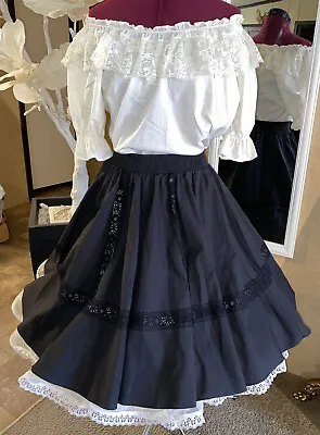 Vtg MALCO MODES 2Pc Square Dance Dress/Outfit WHITE LACE Top BLACK Skirt Sz S • $54.99