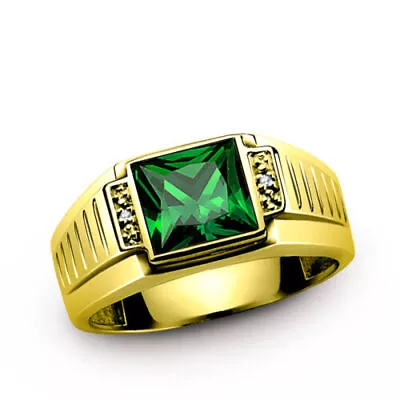 Men's 14K Solid Yellow Fine Gold With Emerald And Diamond Accents Gemstone Ring • $884