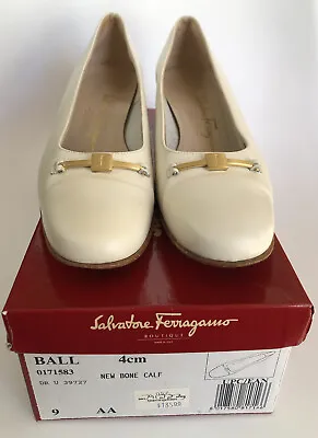 Vintage Italian Salvatore Ferragamo Bone White Leather Block Heel Shoes Sz 9 2A • $47.24