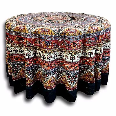 Cotton Mandala Floral Elephant Tablecloth Round 90 Inches Kitchen Dining Linen • $52.86