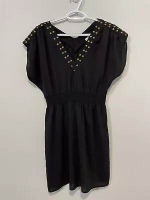 Mink Pink Size Small Black Short Mini Dress Smocked Waist Deep V Short Sleeve • $10