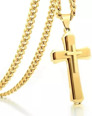 LUXE Mens 14k Gold Cross Pendant MASCULIN 14k Gold Cross Necklace For Men Plated • $249.50